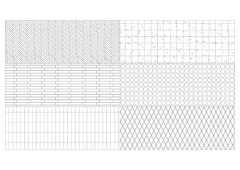 Herringbone, long brick tile, vertical tile, mesh, circular mosaic tile, tile, 6 types of finishing materials illustration