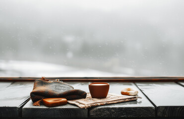 a luxury spa with a steamed window looking out over a snowy landscape - 739636869