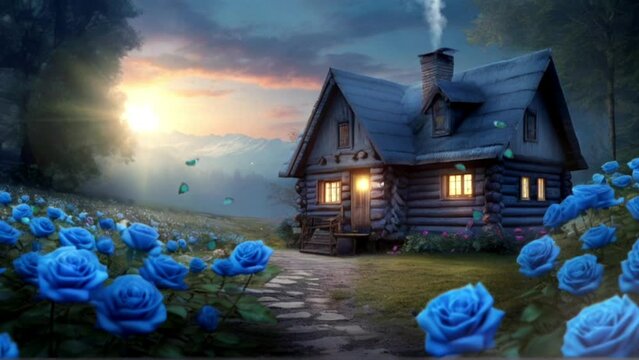 Wooden house with blue roses in the meadow at sunset 