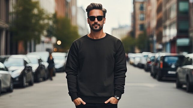 Urban portrait of a handsome hipster with a simple empty black jacket or sweatshirt on a city street, with space for your logo or design. Mock up for printing
