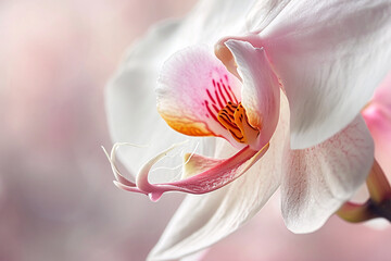 Macro shot capturing the intricate details of a white orchid with subtle pink accents, set against a soft focus background.