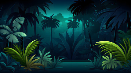illustration of dark jungle at night with palm trees foliage and full moon - Powered by Adobe