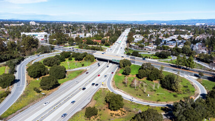 Aerial view of a light weekend traffic on Highway 85 and El Camino Real junction in Mountain View,...