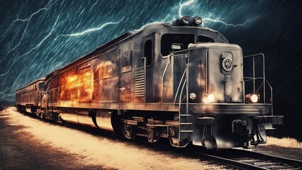 train on the railway train driving through fire and ice, with lightning sinister  astral cosmic    - obrazy, fototapety, plakaty