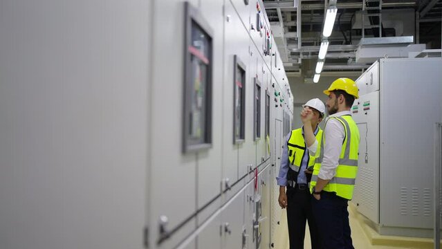 Professional electrical engineer in safety uniform working at factory server electric control panel room. Industrial technician worker maintenance checking power system at manufacturing plant room.