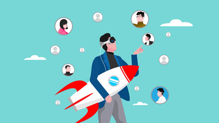 work communication using mixed reality headset with virtual reality and augmented reality technology, business people seek information from business partners through virtual reality technology