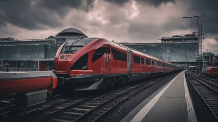 Fototapeta na wymiar train on the railway _A red train that stands out against the gray railway station. The train is sleek and modern, 