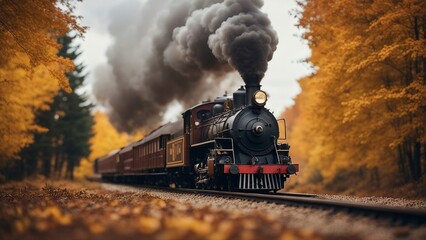 steam train in the forest _A steam train engine on a windy day in the autumn. The train is a vintage and rustic model,   - obrazy, fototapety, plakaty
