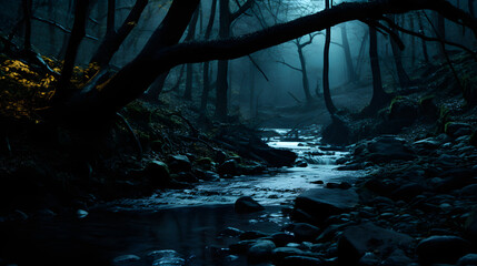 a river flowing through a forest at night