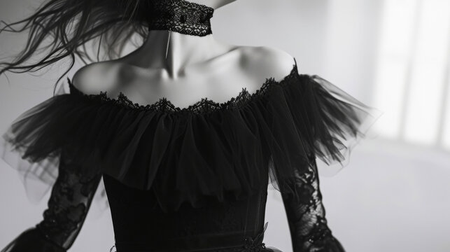 A gothic ballerina twirls in a black tulle dress delicate lace gloves and a choker featuring a dangling silver dagger.