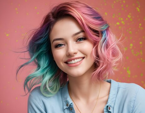 The woman with rainbow hair is smiling, her blue shirt contrasting with the vibrant colors. Her forehead, face, hair, nose, smile, lips, chin, eyebrows, eyes, and mouth all radiate happiness