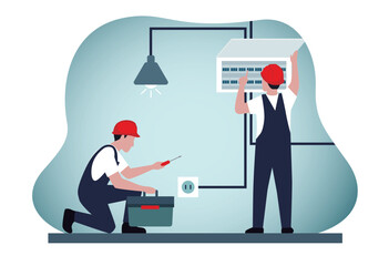 Electricians in the uniform repair electrical elements. Electric switchboards, transformers, distribution boards with tools.