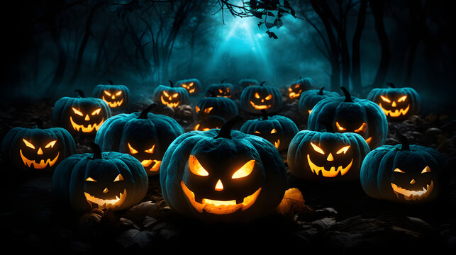 a group of carved halloween pumpkins are sitting on leaves