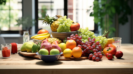 fresh fruits on wooden table, dining table full of fruits, healthy organic diet concept