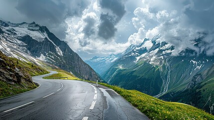 Panoramic Image of Grossglockner Alpine Road. Curvy Winding Road in Alps