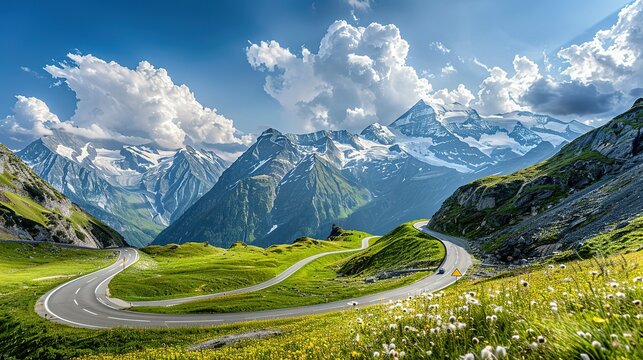 Panoramic Image of Grossglockner Alpine Road. Curvy Winding Road in Alps