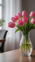 Fototapeta na wymiar Photo Of Elegant Interior, Glass Vase With Pink Tulip Bouquet On Table, Stylish Home Decor.
