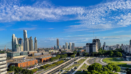 Obraz premium Beautiful aerial footage of Plaza de Mayo, the Casa Rosada Presidents house, The Kirchner Cultural Centre, in Puerto Madero. Buenos Aires, Argentina.