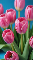 Photo Of Spring Flowers, Pink Tulips On Blue Background.