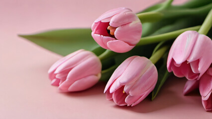 Photo Of Beautiful Bunch Of Pink Tulips Flowers On Decent Pastel Rose Background The Background Offers Lots Of Space, Text.