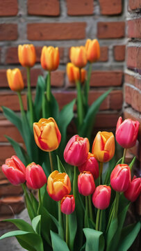 Photo Of Many Potted Tulips Are Blooming In Front Of The Brick Wall, Background Image.