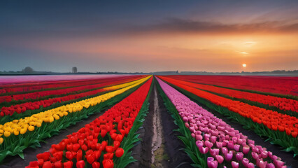 Photo Of Beautiful Tulip Fields In Zuidholland, Netherlands.