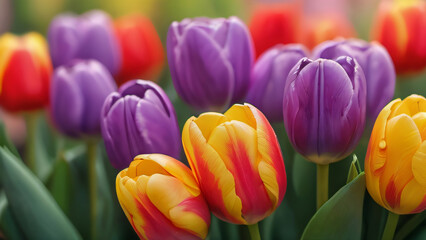 Photo Of Colorful Tulips, Easter, Spring, Watercolor Illustrations.
