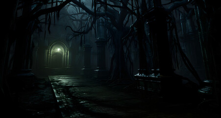 dark forest in the evening with an open doorway