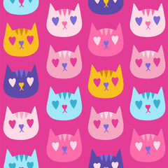 Cat and Kitten seamless pattern. Cute romantic colorful kitten trendy boundless print background. Simple repeating texture hand drawn pet cats endless design for fabric textile, wrapper backdrop