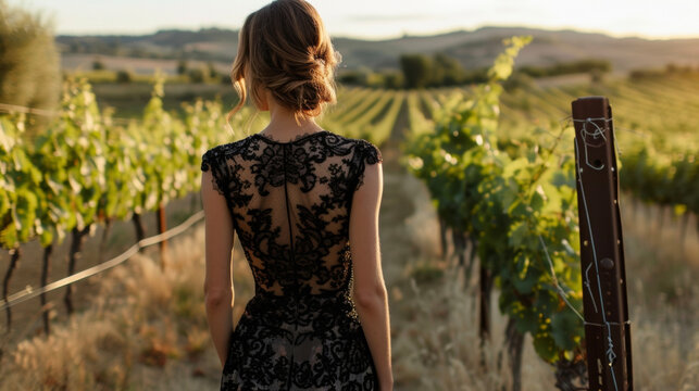 A delicate lace shift dress in a classic black shade embodying timeless femininity against the backdrop of a picturesque vineyard.