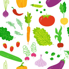 Vegetables cartoon seamless background pattern. Vegetarian childish funny Vector food. Vegetable endless boundless baby design for paper print, textile, wrapper backdrop, repeat template packaging