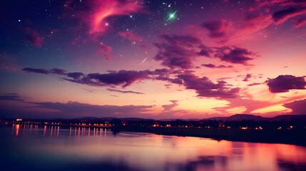 Naklejka na ściany i meble purple and pink sky over the water with shooting star on it