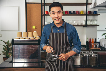 Portrait barista Asian man coffee shop owner smiling look at camera small business confident person Entrepreneur manager professional men standing coffee counter bar. Barista small business Owner