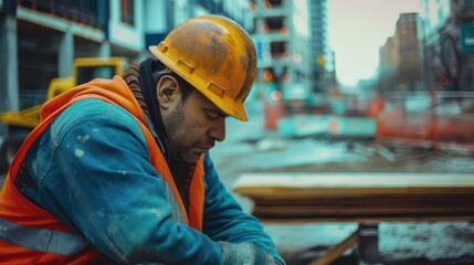The saddened construction worker sits alone, with the construction site in the background. Construction worker is disheartened and unfortunately due to low wages - obrazy, fototapety, plakaty