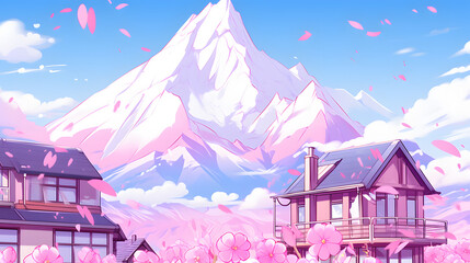 a cartoon illustration drawing of houses in front of mountains with pink flowers