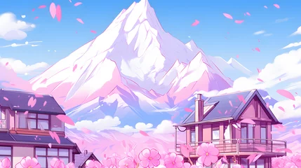 Afwasbaar Fotobehang Bergen a cartoon illustration drawing of houses in front of mountains with pink flowers