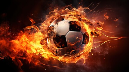 Fototapeta premium Flying football or soccer ball on fire. Isolated on black background