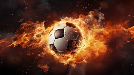 Fototapeta premium Flying football or soccer ball on fire. Isolated on black background