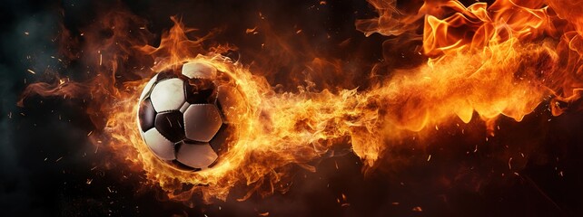 Fototapeta premium Flying football or soccer ball on fire. Isolated on black background