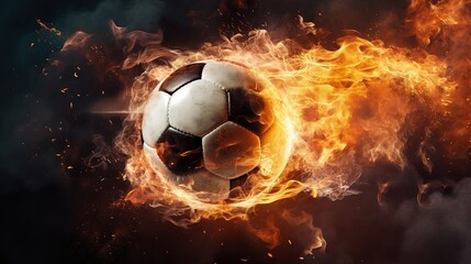 Flying football or soccer ball on fire. Isolated on black background