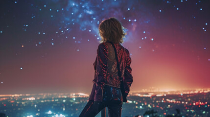 A velvet blazer with a galaxy print worn over a metallic tank top and leather pants. The ling stars above the city set the perfect backdrop for this starryeyed glam rock look.