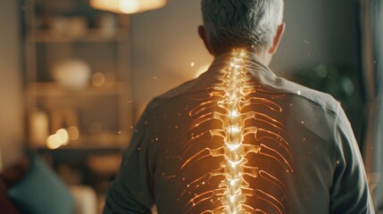Senior man with back pain at home Spine physical therapist and patient. chiropractic pain relief therapy. Age-related back ache