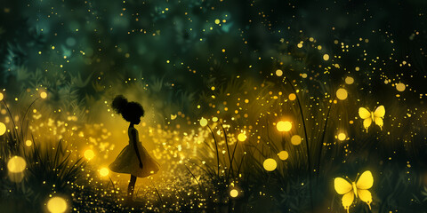 Fototapeta na wymiar A beautiful young black girl bathed in soft yellow glow, surrounded by a million floating and twinkling fireflies in a magical twilight forest called Luminescent Land
