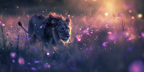 A nimble lion bathed in soft lavender glow, surrounded by a million floating and twinkling fireflies in a magical twilight forest called Luminescent Land