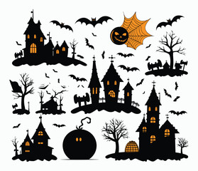 Halloween night, pumpkins, dark atmosphere, vector illustration