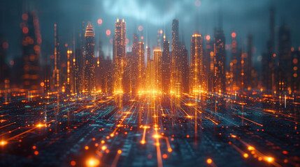 A futuristic city skyline with buildings made out of financial charts and graphs representing the importance of data and analytics in financial decisionmaking. The cityscape