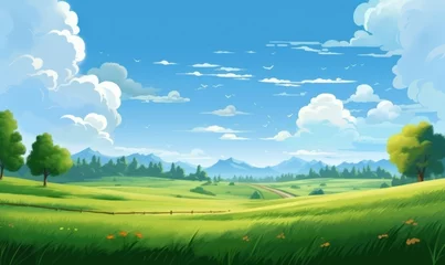 Foto op Plexiglas Summer fields, hills landscape, green grass, blue sky with clouds, flat style cartoon painting illustration. Generative AI  © The Picture Show