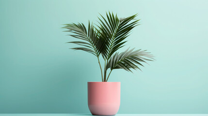 palm tree, green and tropical, potted as a houseplant in a decorative vase
