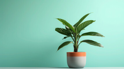 Table with a vase and pot holding various plants including trees, flowers, and palm leaves, creating a green and natural home decoration