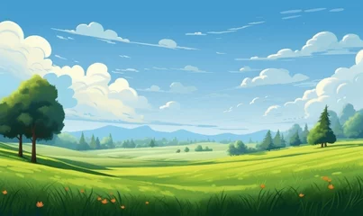 Plexiglas foto achterwand Summer fields, hills landscape, green grass, blue sky with clouds, flat style cartoon painting illustration. Generative AI  © The Picture Show